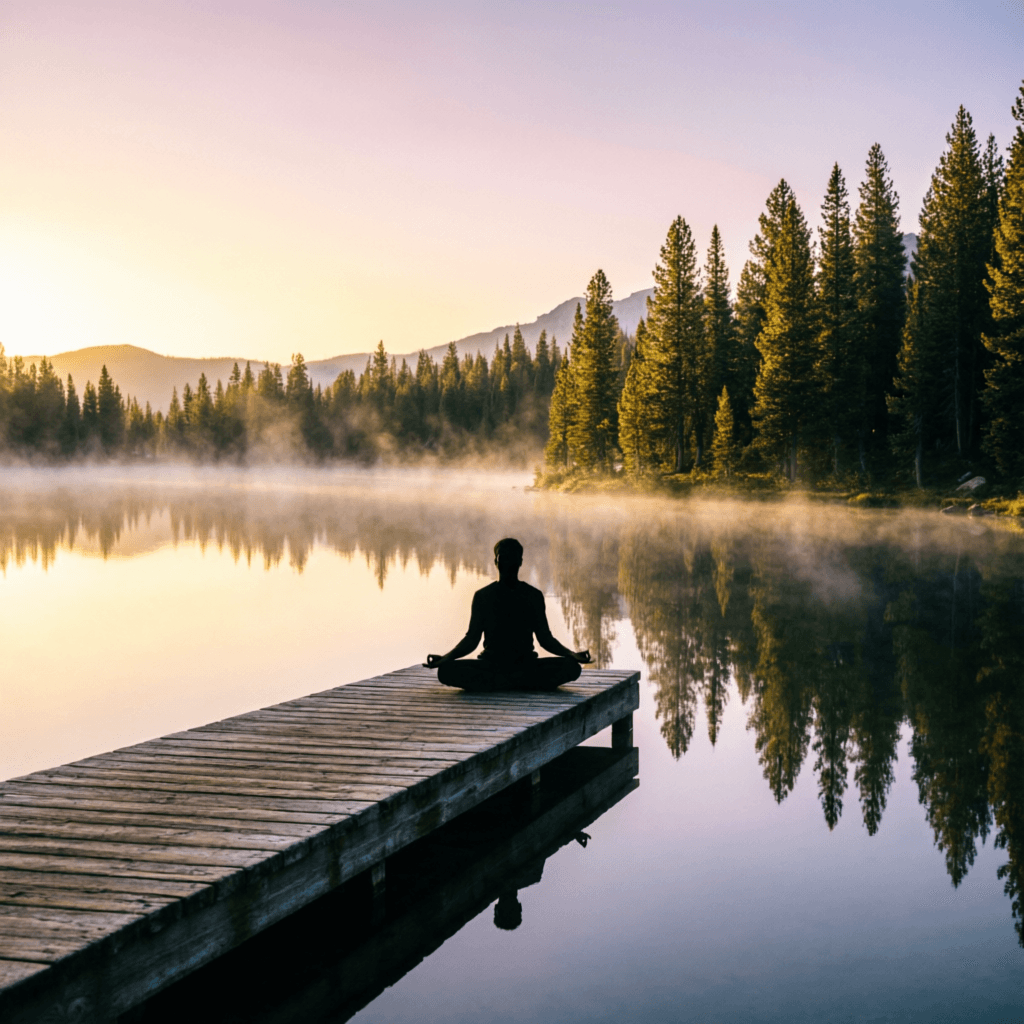 Persona meditando frente a un lago al amanecer